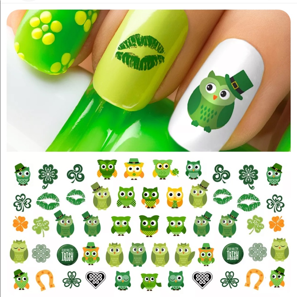💌BO/GO$6 ☘️ St. Patrick’s Day Irish Owls Clover Nail Water transfer decals